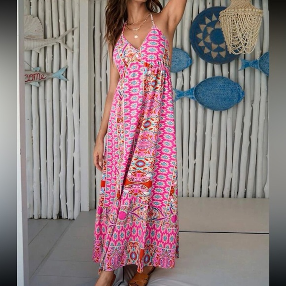 Boho Floral Paisley Print Backless Halter Maxi Dress - Picture 7 of 7